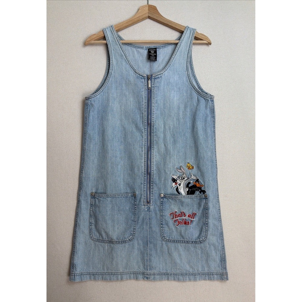 Vintage Looney Tunes Warner Bros. Women's Embroideredโ Denim Jumper Dress Size M